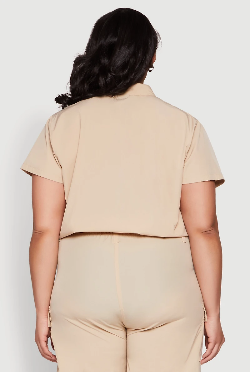 Womens Plus Nylon Utility Zip Front Top,