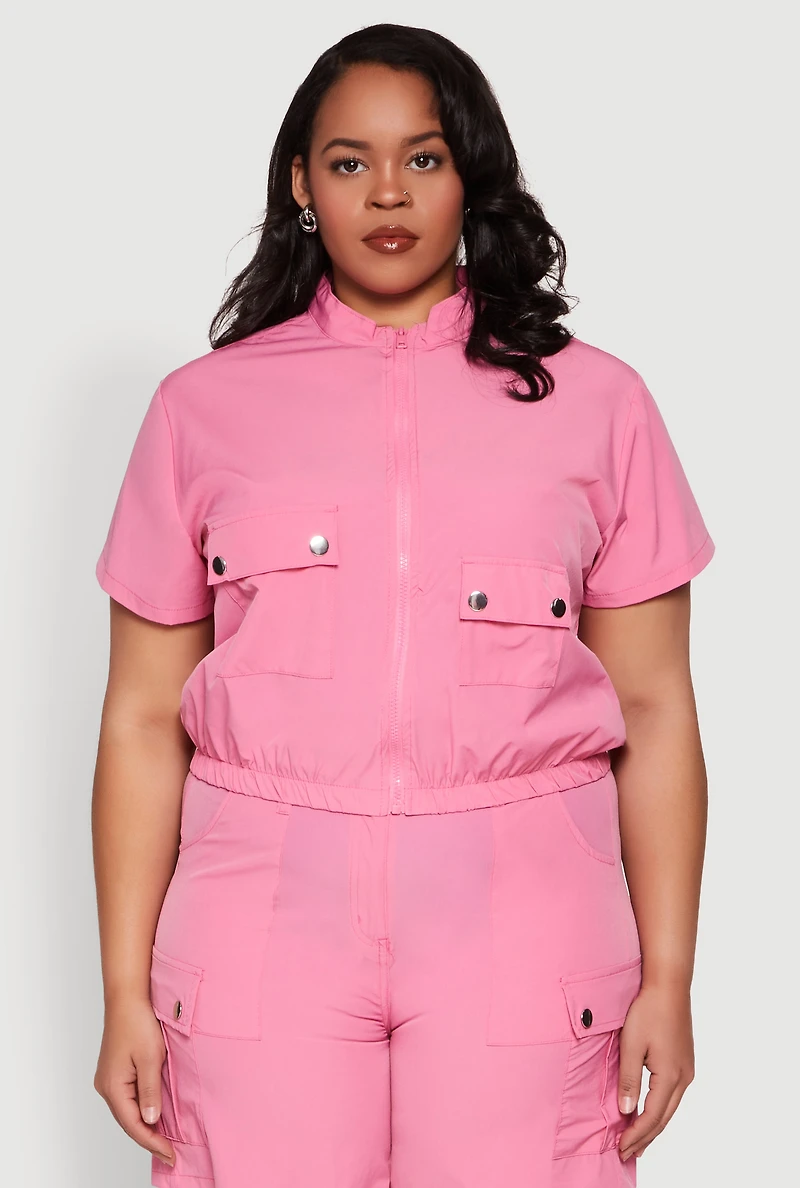 Womens Plus Size Nylon Utility Zip Front Top, Pink, Size 2X