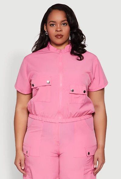 Womens Plus Size Nylon Utility Zip Front Top, Pink, Size 2X