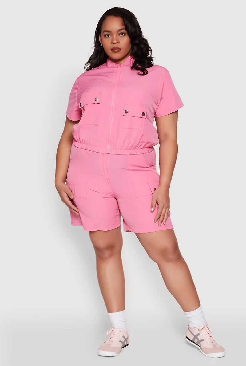 Womens Plus Size Nylon Utility Zip Front Top, Pink, Size 2X