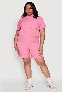 Womens Plus Size Nylon Utility Zip Front Top, Pink, Size 2X