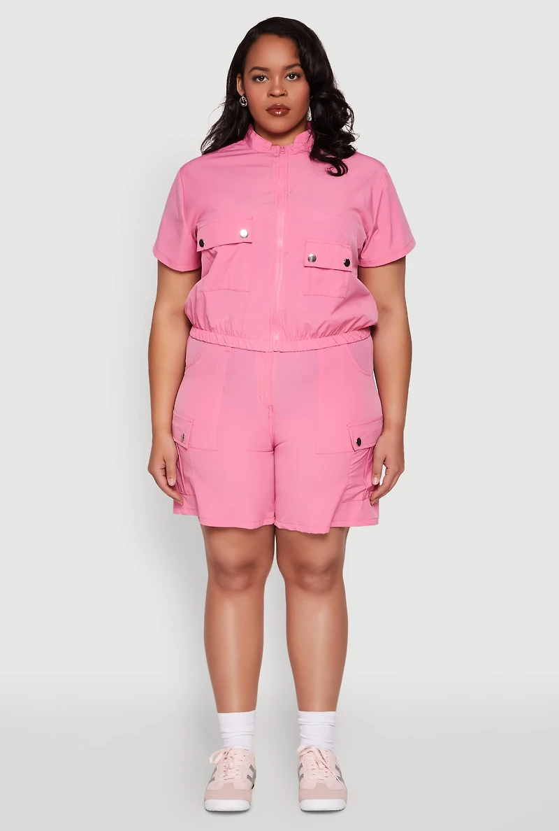 Womens Plus Size Nylon Utility Zip Front Top, Pink, Size 2X