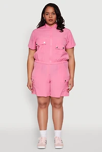 Womens Plus Size Nylon Utility Zip Front Top, Pink, Size 2X