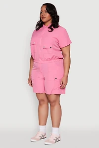 Womens Plus Size Nylon Utility Zip Front Top, Pink, Size 2X