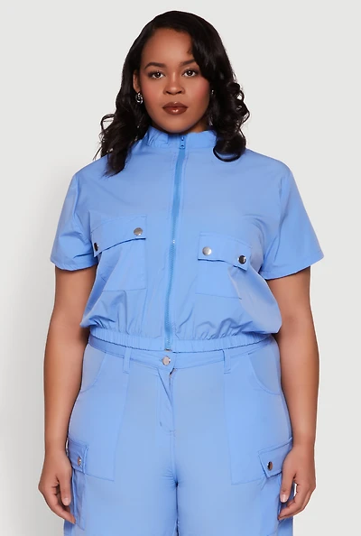 Womens Plus Size Nylon Utility Zip Front Top, Blue, Size 2X