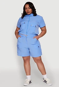 Womens Plus Size Nylon Utility Zip Front Top, Blue, Size 2X