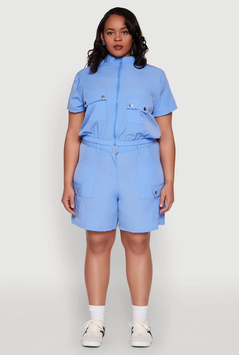 Womens Plus Size Nylon Utility Zip Front Top, Blue, Size 2X