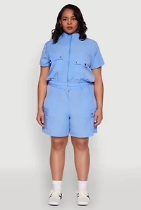 Womens Plus Size Nylon Utility Zip Front Top, Blue, Size 2X