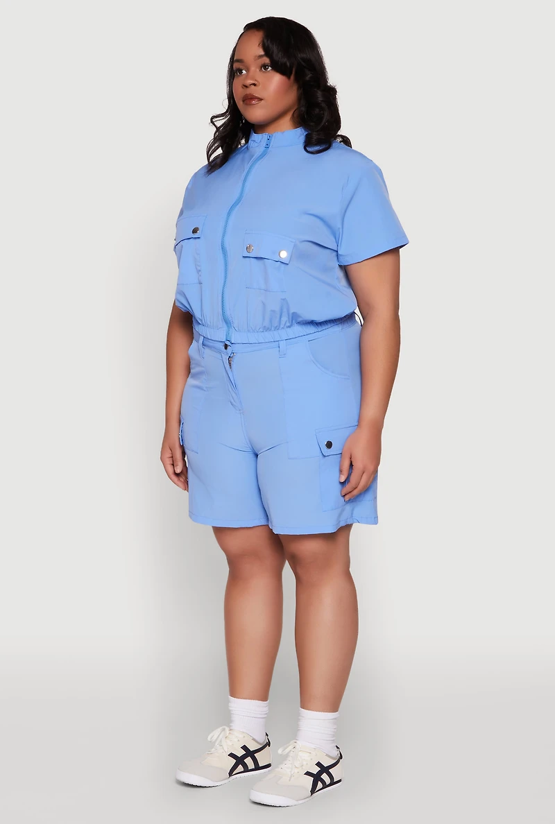 Womens Plus Size Nylon Utility Zip Front Top, Blue, Size 2X