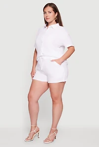 Plus Gauze Knit Button Front Shirt and High Waisted Shorts Set