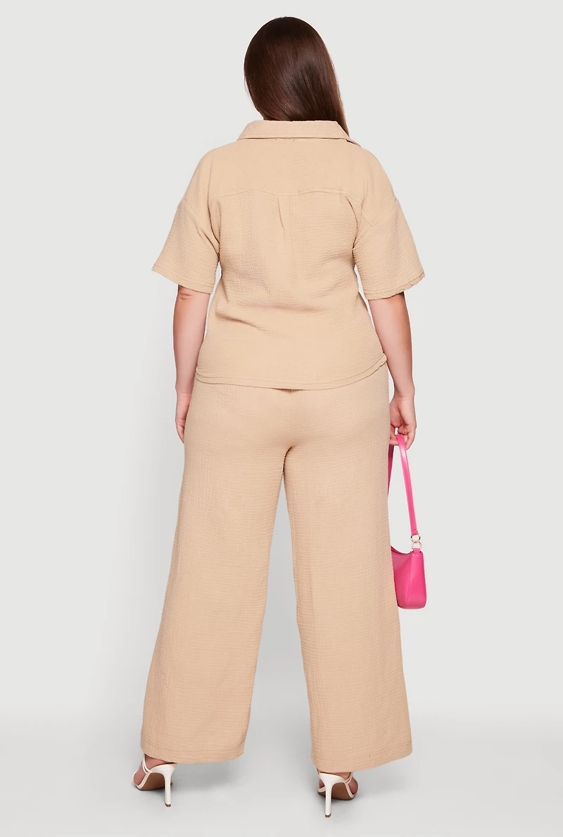 Plus Gauze Knit Collared Blouse and Pull On Pants Set