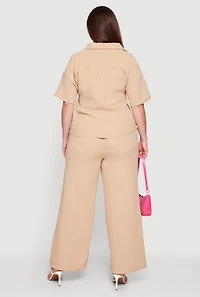 Plus Gauze Knit Collared Blouse and Pull On Pants Set