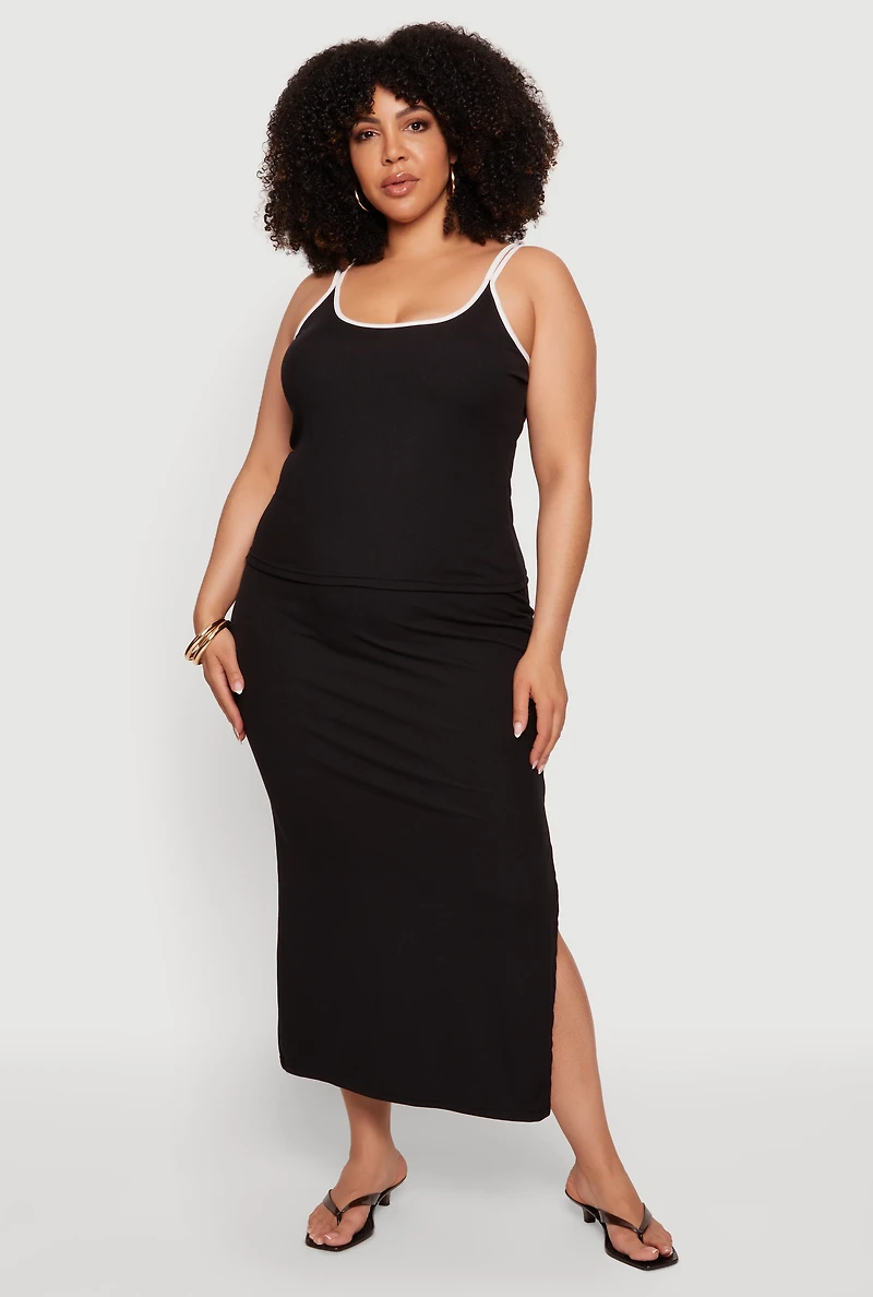Plus Double Strap Cami and Side Slit Skirt Set