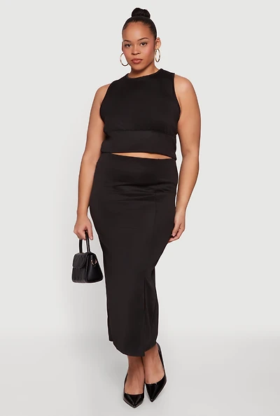Plus High Neck Crop Top and Skirt 2 Piece Set