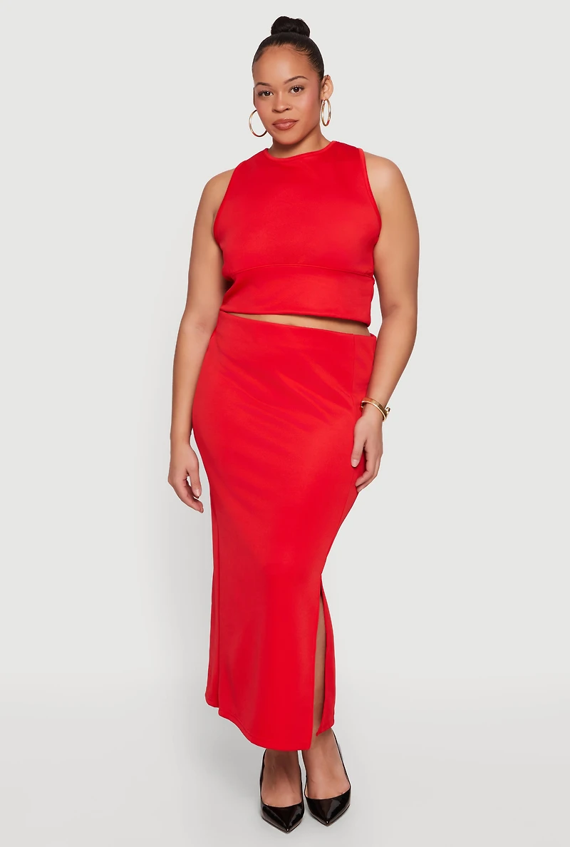 Plus High Neck Crop Top and Skirt 2 Piece Set