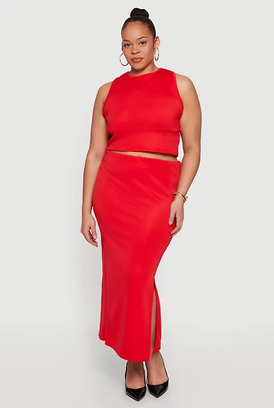 Plus High Neck Crop Top and Skirt 2 Piece Set