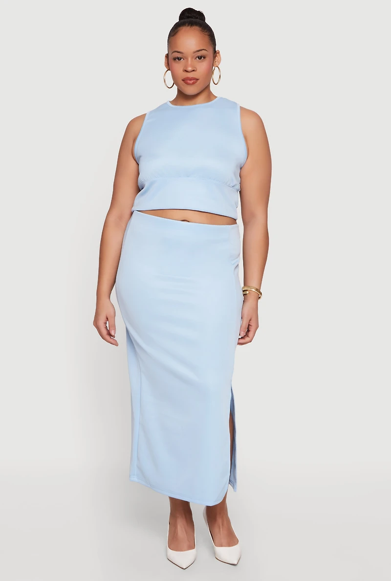 Plus High Neck Crop Top and Skirt 2 Piece Set