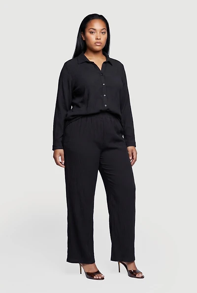Plus Long Sleeve Button Front Shirt and Casual Pants