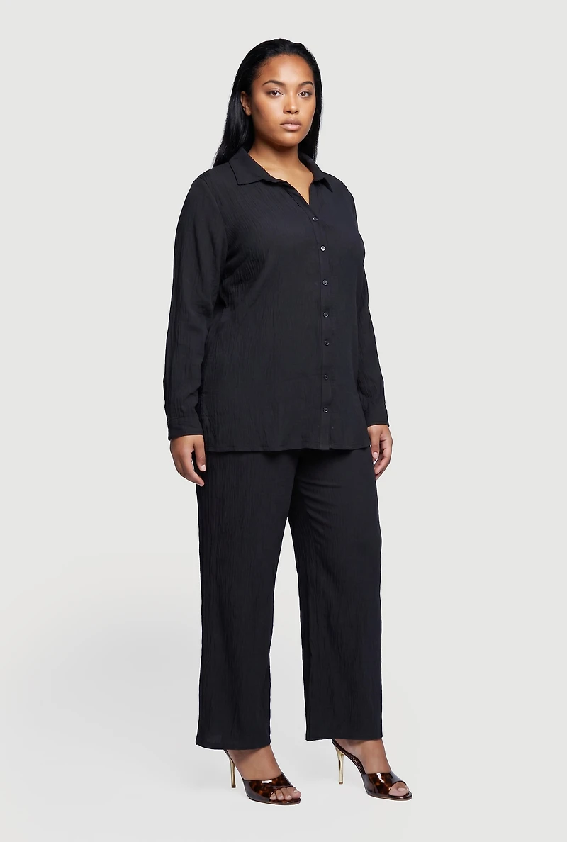 Plus Long Sleeve Button Front Shirt and Casual Pants