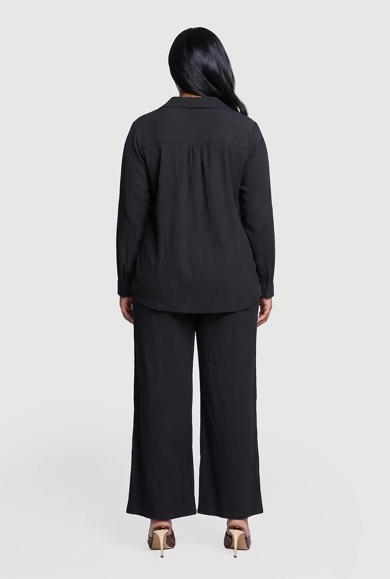 Plus Long Sleeve Button Front Shirt and Casual Pants