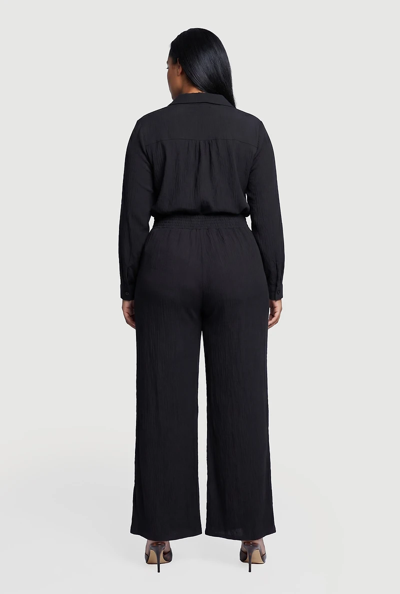 Plus Long Sleeve Button Front Shirt and Casual Pants
