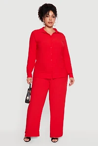 Plus Long Sleeve Button Front Shirt and Casual Pants