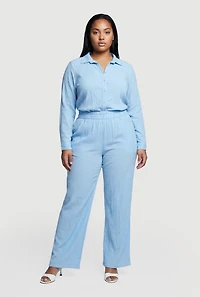 Plus Long Sleeve Button Front Shirt and Casual Pants