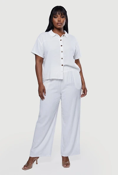 Plus Drop Shoulder Button Front Shirt and Casual Pants