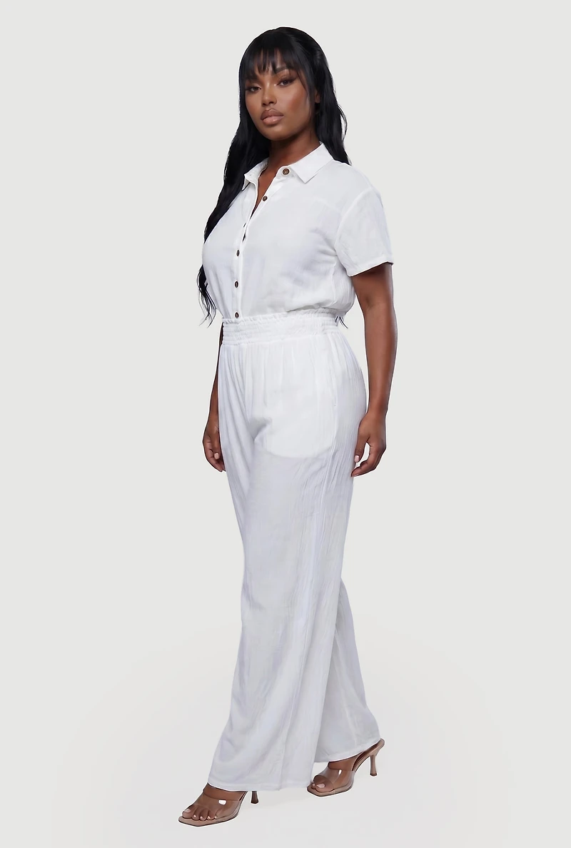 Plus Drop Shoulder Button Front Shirt and Casual Pants