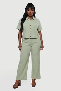 Plus Drop Shoulder Button Front Shirt and Casual Pants