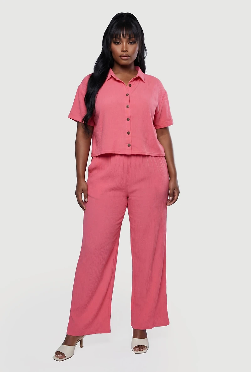 Plus Drop Shoulder Button Front Shirt and Casual Pants