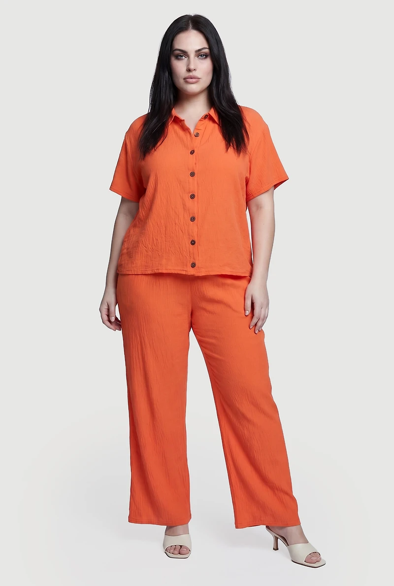 Plus Drop Shoulder Button Front Shirt and Casual Pants
