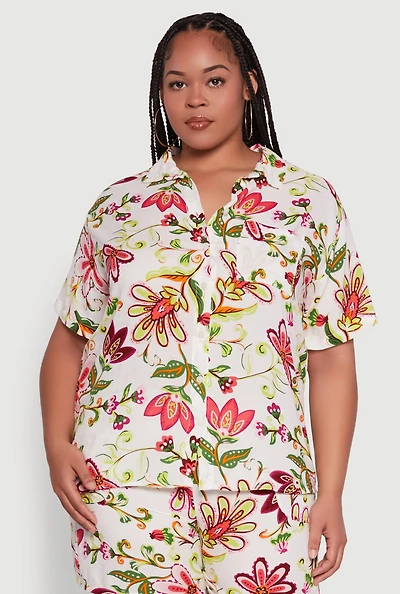 Womens Plus Size Floral Print Button Front Shirt, Multi, Size 3X