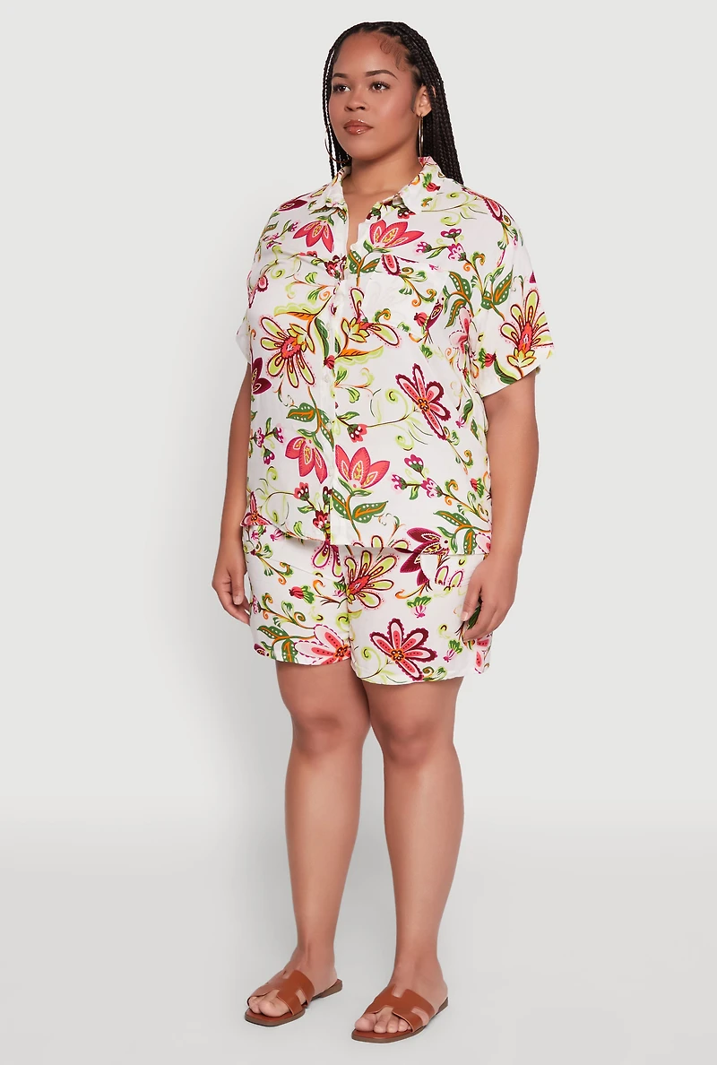 Womens Plus Size Floral Print Button Front Shirt, Multi, Size 3X