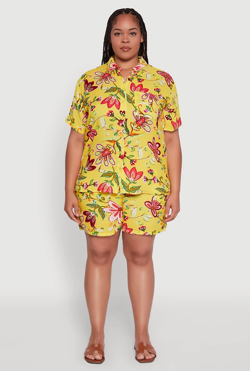 Womens Plus Floral Print Button Front Shirt, Multi,