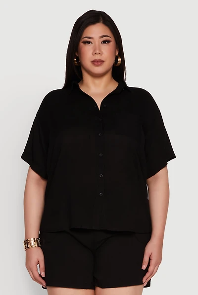 Womens Plus Size Classic Fit Button Front Short Sleeve Shirt, Black, Size 3X