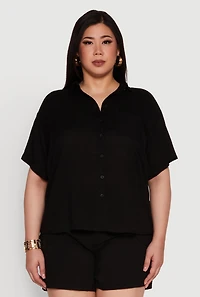 Womens Plus Size Classic Fit Button Front Short Sleeve Shirt, Black, Size 3X