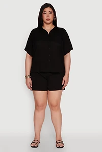 Womens Plus Size Classic Fit Button Front Short Sleeve Shirt, Black, Size 3X