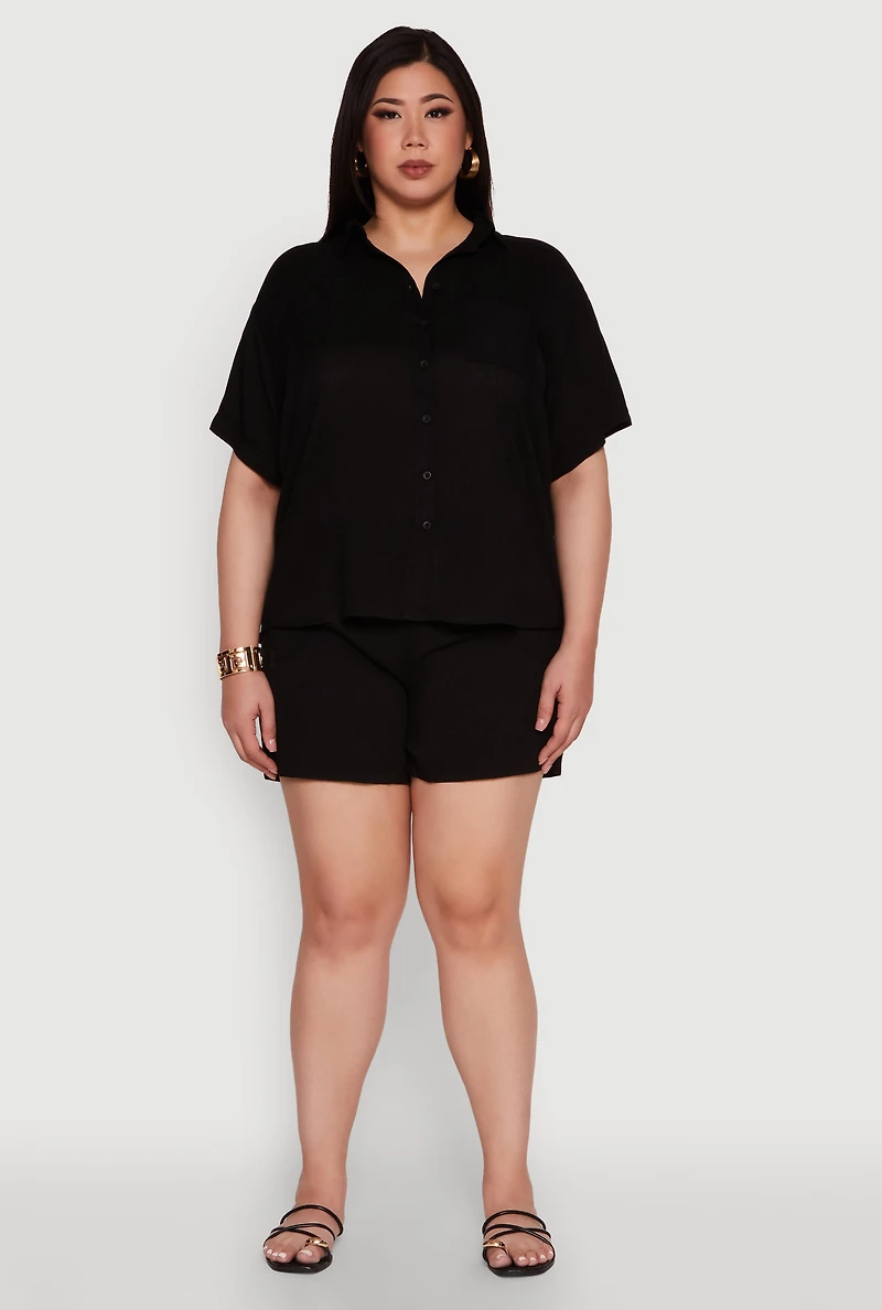 Womens Plus Size Classic Fit Button Front Short Sleeve Shirt, Black, Size 2X