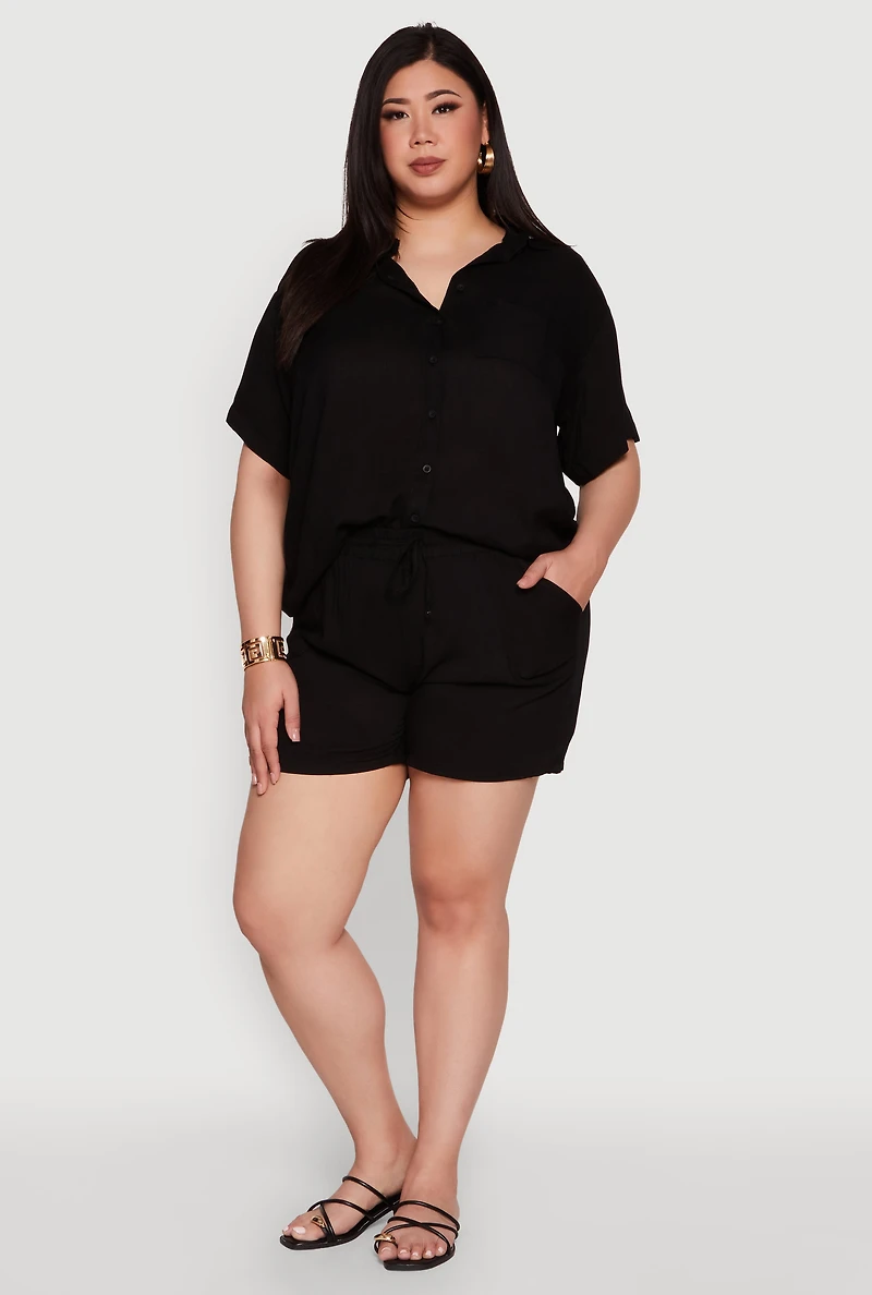 Womens Plus Classic Fit Button Front Short Sleeve Shirt,