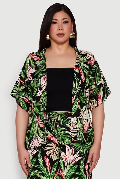 Plus Tropical Leaf Print Kimono with Open Front Classic Fit