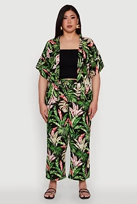Womens Plus Size Tropical Leaf Print Kimono with Open Front Classic Fit, Multi, Size 2X
