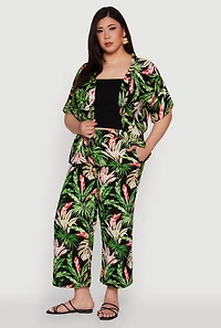 Womens Plus Size Tropical Leaf Print Kimono with Open Front Classic Fit, Multi, Size 2X