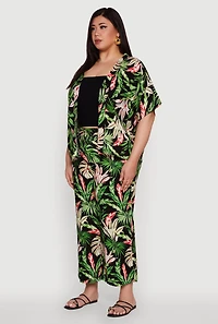 Womens Plus Size Tropical Leaf Print Kimono with Open Front Classic Fit, Multi, Size 2X