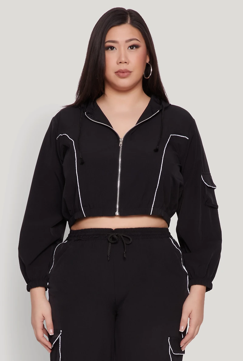 Plus Cargo Pocket Sleeve Cropped Track Jacket