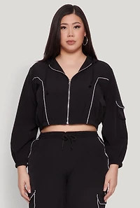 Womens Plus Cargo Pocket Sleeve Cropped Track Jacket, 1X