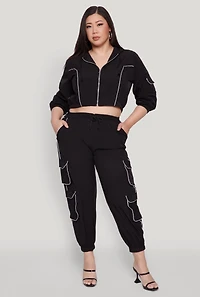 Womens Plus Cargo Pocket Sleeve Cropped Track Jacket,