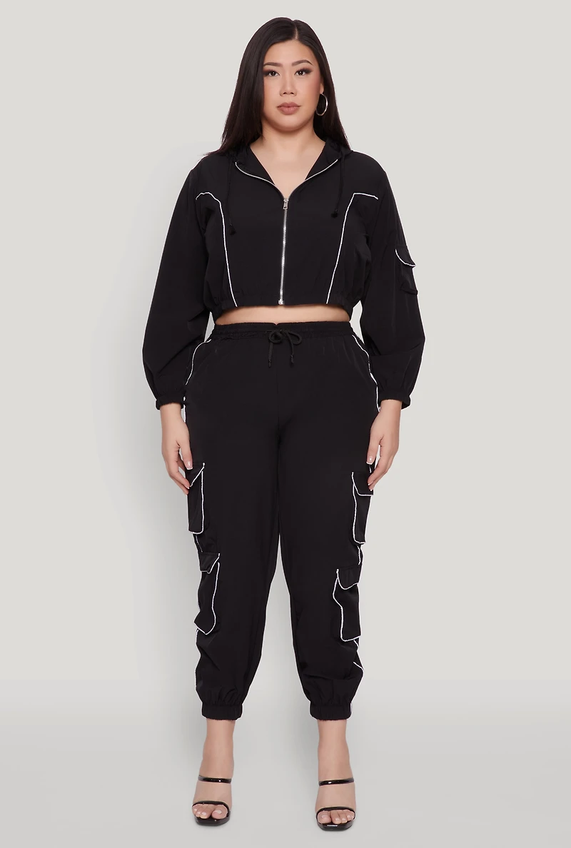 Womens Plus Cargo Pocket Sleeve Cropped Track Jacket, 1X