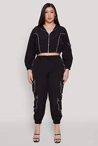 Womens Plus Cargo Pocket Sleeve Cropped Track Jacket, 1X