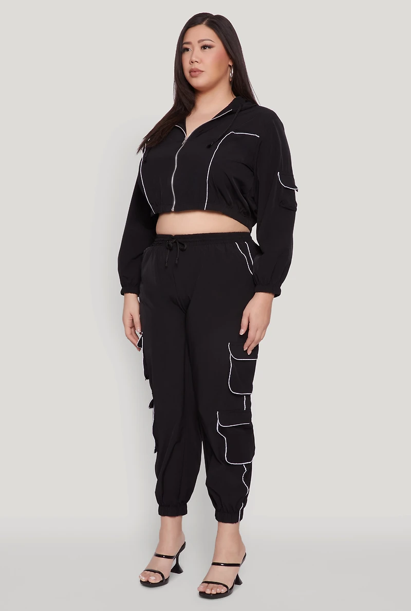Womens Plus Cargo Pocket Sleeve Cropped Track Jacket, 1X